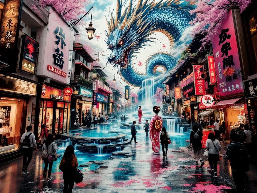 Geisha vs Dragon: Optical Illusion Street Art