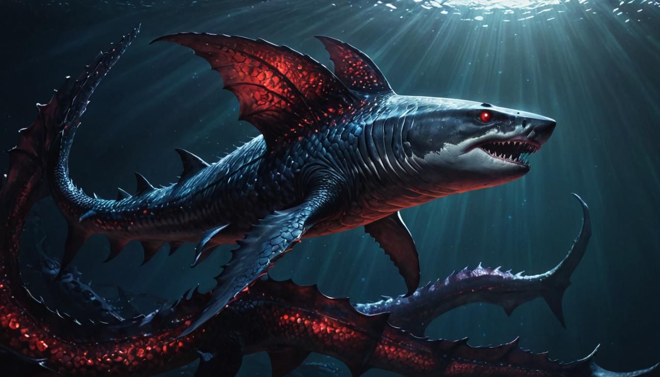 Dark Fantasy Shark with Dragon Scales in Deep Ocean Depths