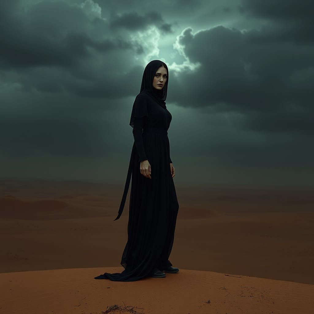 Woman in Black: Hyperrealistic Desert Horror Scene