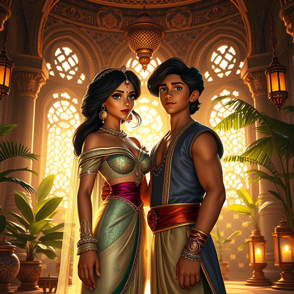 Jasmine and Aladdin in Opulent Palace