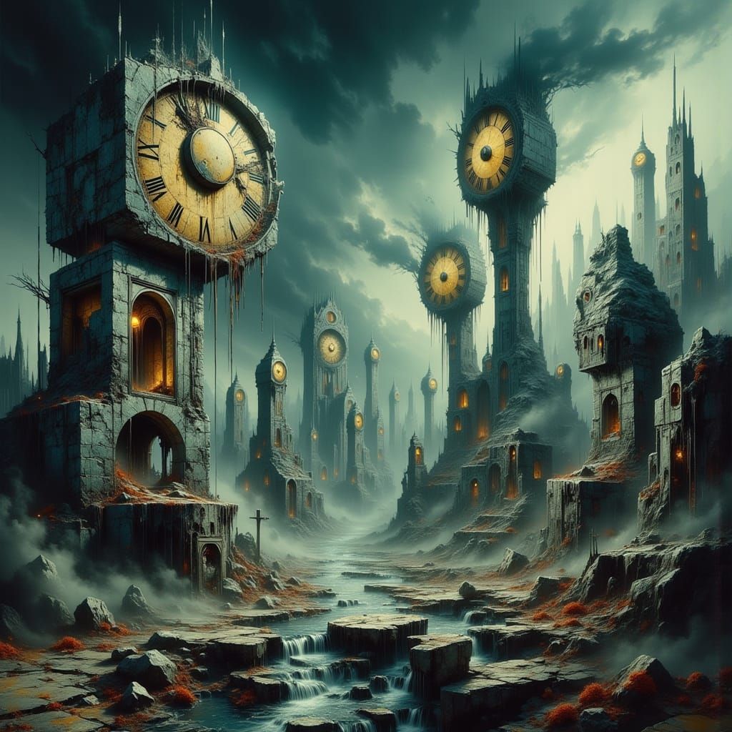 Dreamlike Surreal Landscape with Melting Clock Towers