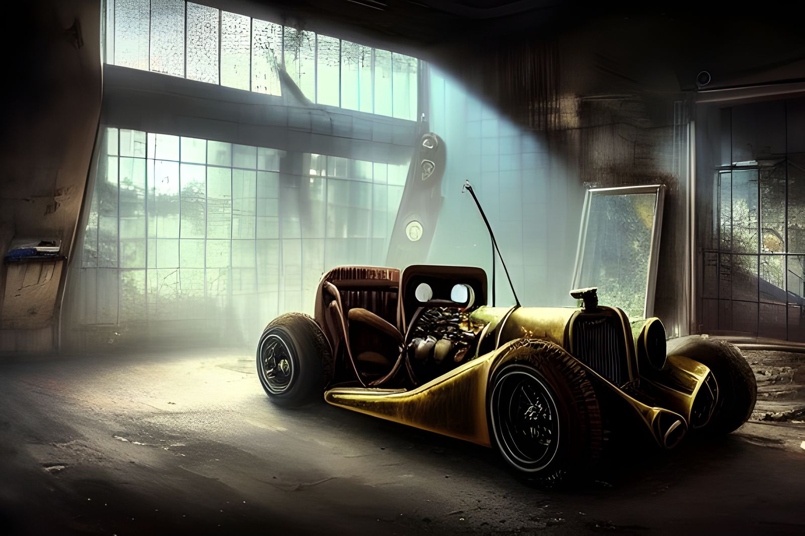 Steampunk Hotrod in Urbex Garage with Sunrays