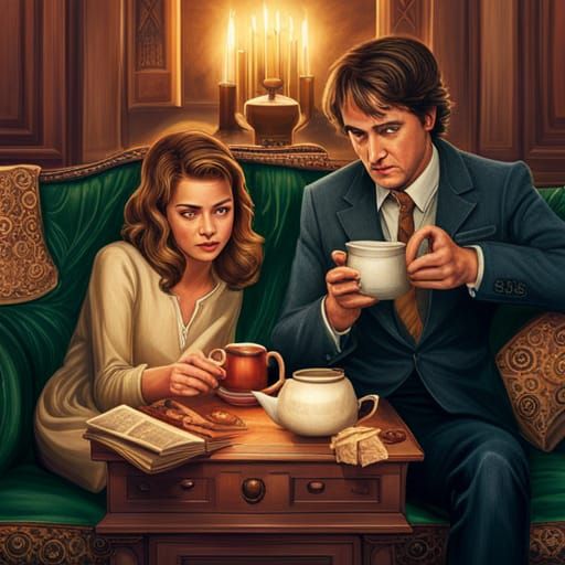 Hermione and Remus Share Magical Tea in Hyperrealism