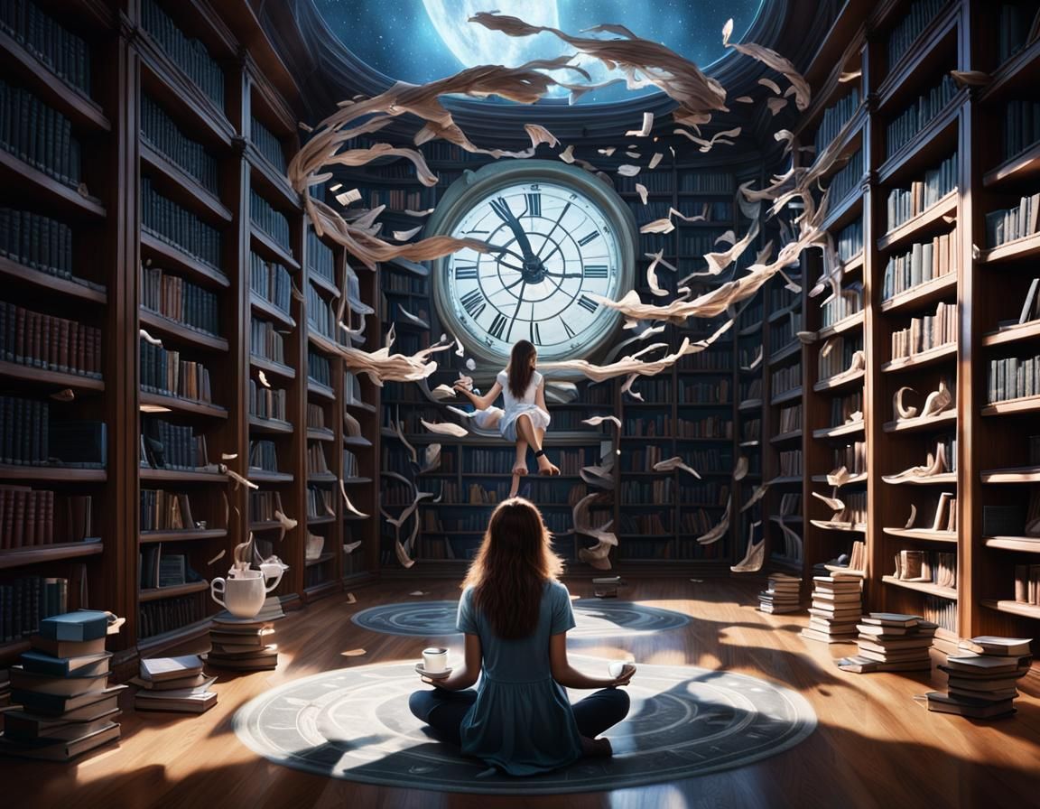 Surreal Library Scene with Floating Books