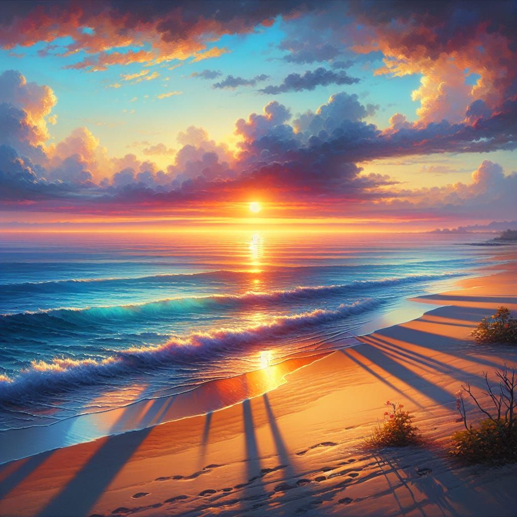 Sunset Beach Oil Painting with Soft Pastel Colors