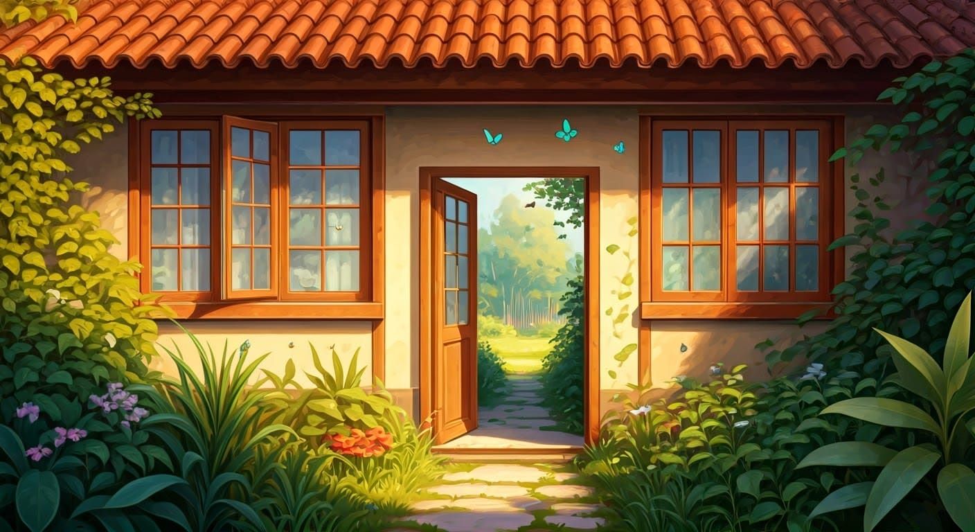 Charming House with Whimsical Yard and Delicate Butterflies