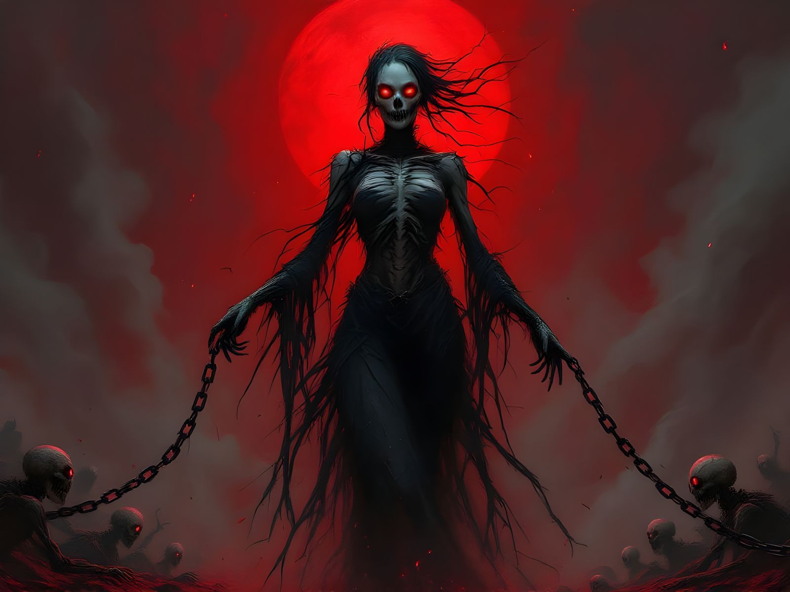Skeletal Horror Queen Reigns in Blood-Red Abyss