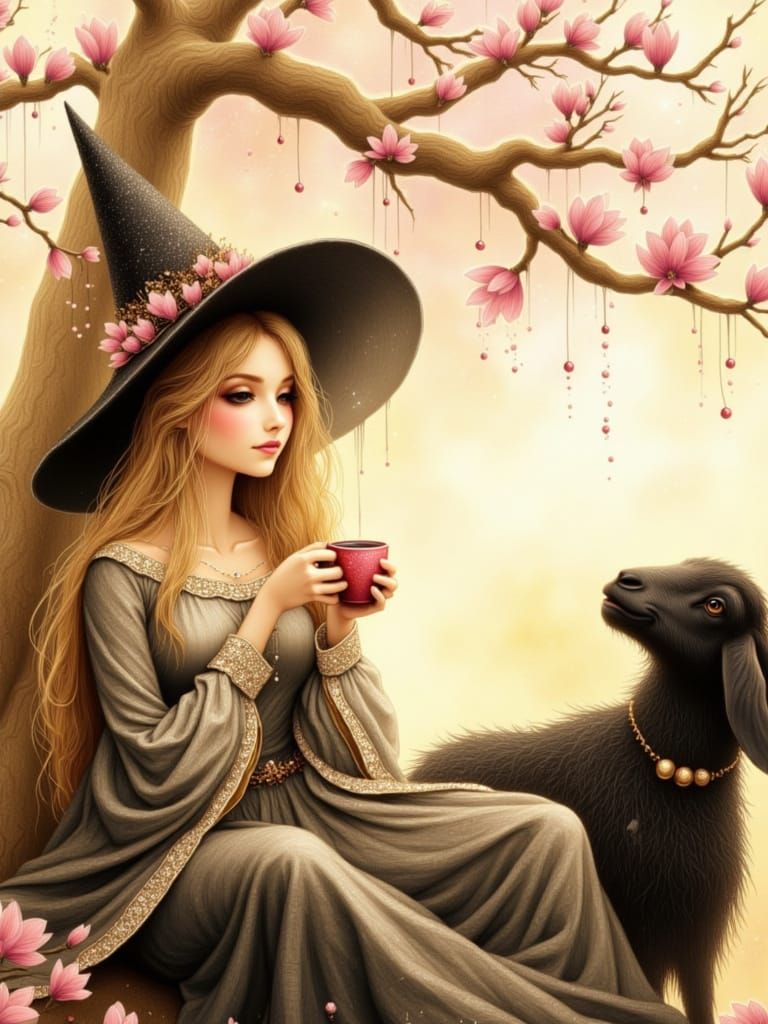 Magical Witch and Goat Enjoy Coffee Under Blooming Magnolia