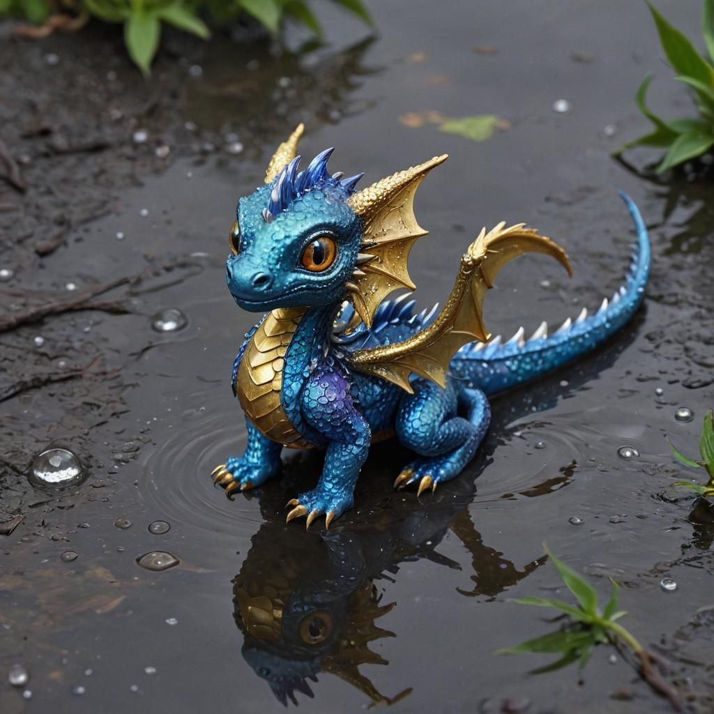 Blue and Gold Dragon in Rainy Landscape