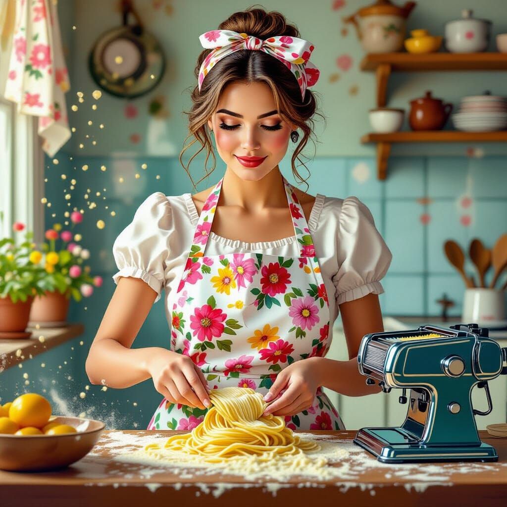 Italian Woman Makes Pasta in Splash Art Style