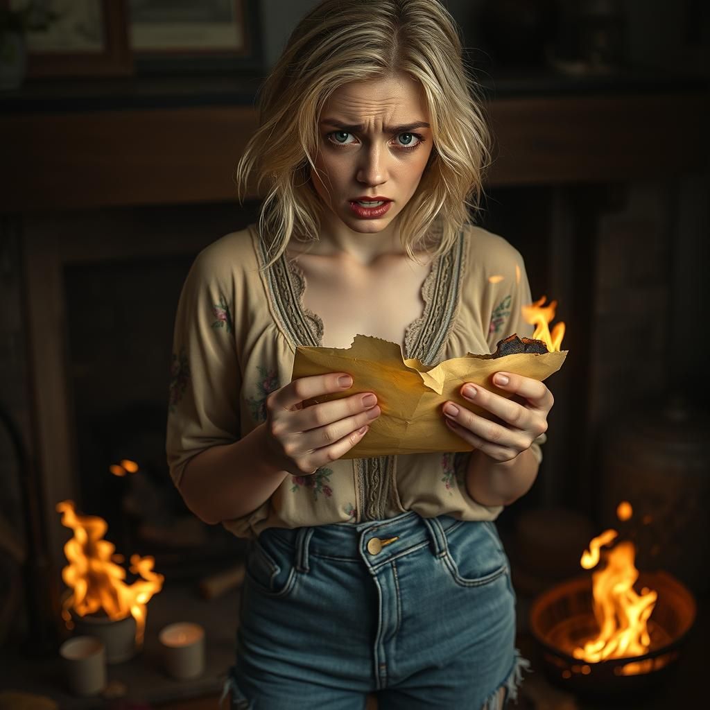 Heartbroken Woman Burning Love Letters: Photorealistic Portr...
