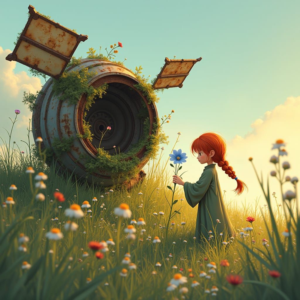 Whimsical Encounter Among Wildflowers and Wreckage