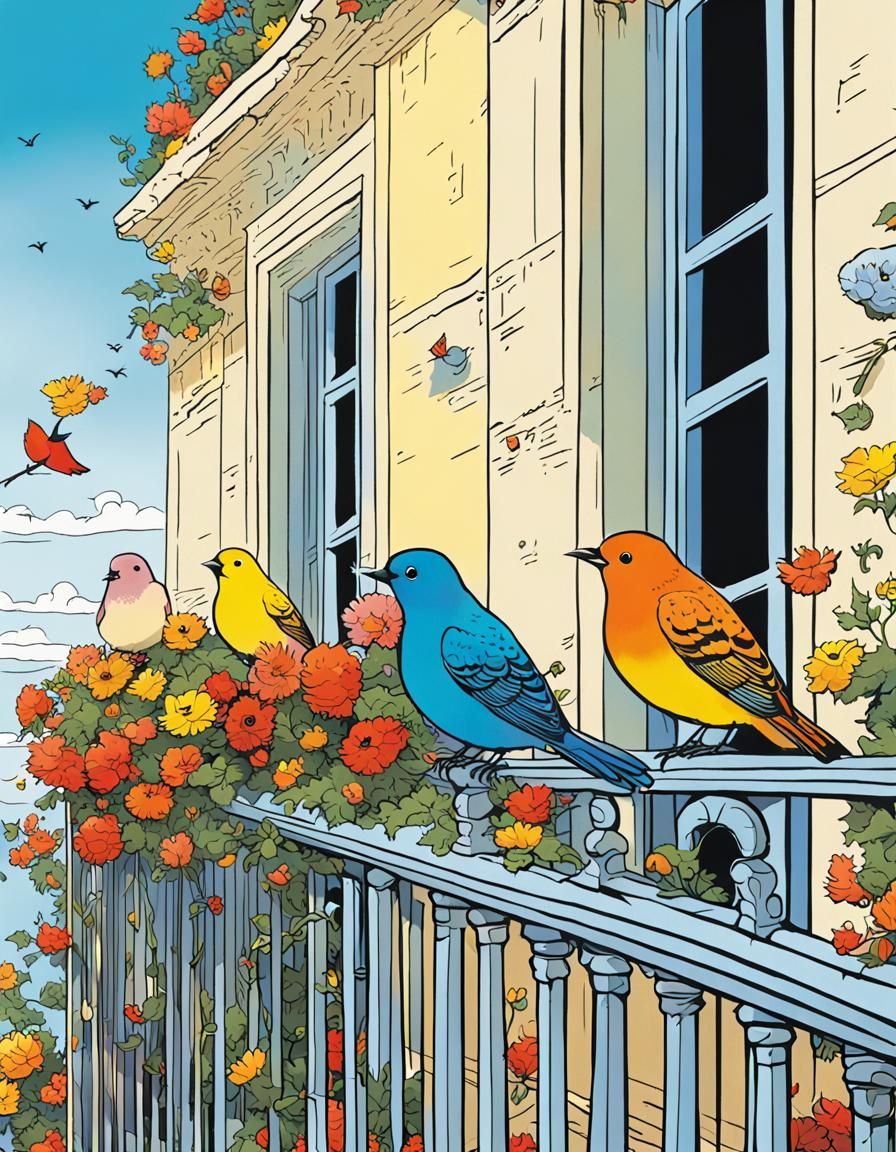Birds on Balcony: A Tin-Tin Style Illustration