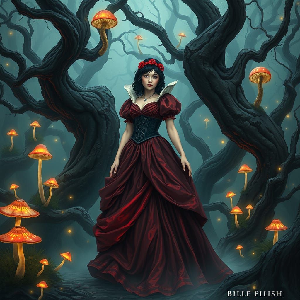 Dark Snow White Elegance in a Haunting Forest Realm