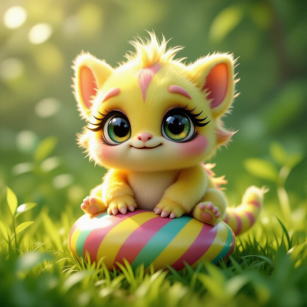 Cute Yellow Baby Monster with Rainbow Stripes in Fantasy For...
