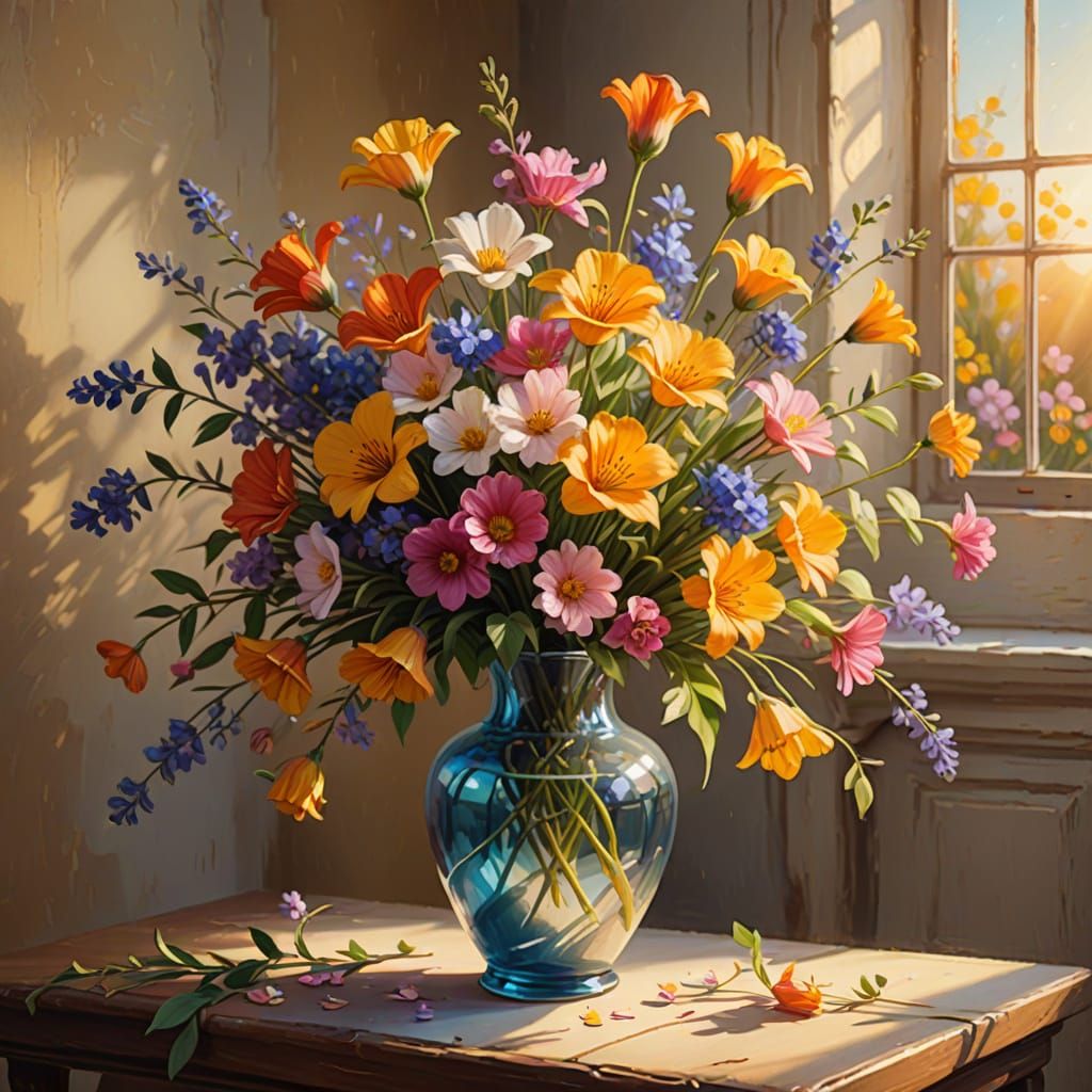 Vibrant Oil Painting of Blooming Flowers in a Vase