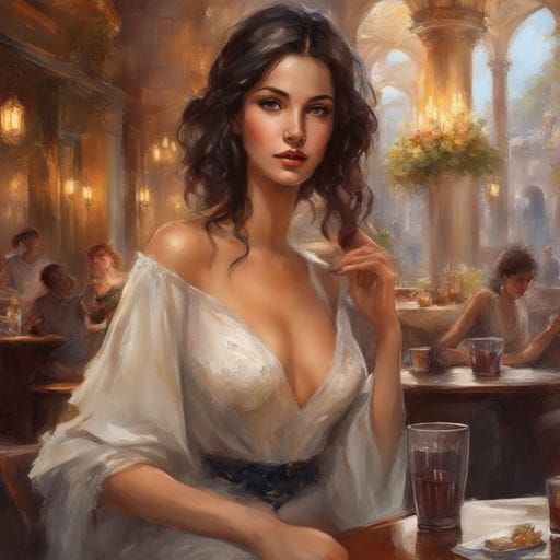 Beautiful Girl in Paris Cafe, Splash Art Style