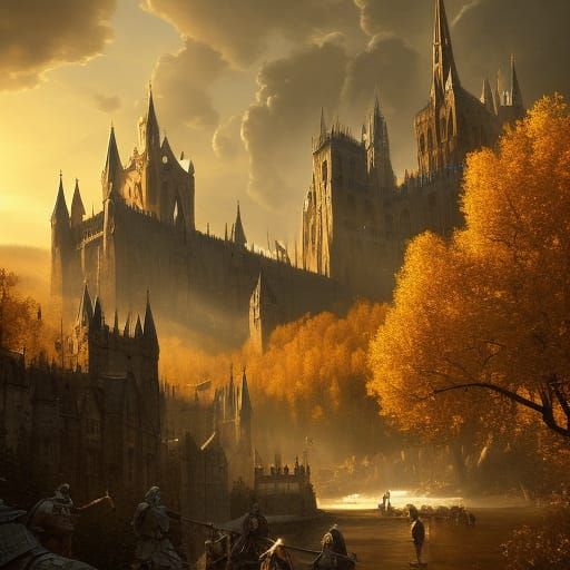 Golden Fortress in Autumnal Forest: Dark Fantasy Art
