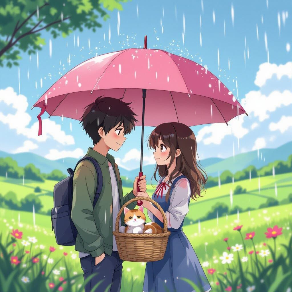 Romantic Anime Couple Sheltering Kitten in Gentle Rain