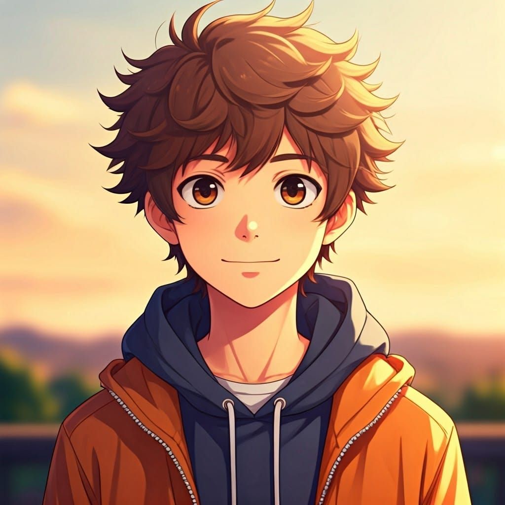 Youthful Anime Boy Basks in Vibrant Japanese Landscape