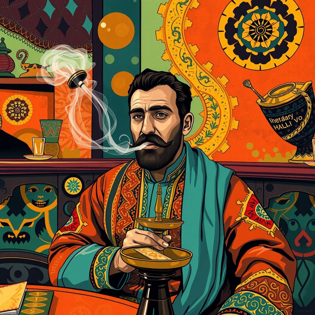 Man Savoring Shisha in Vibrant Cafe Scene, in Cyberpunk Styl...