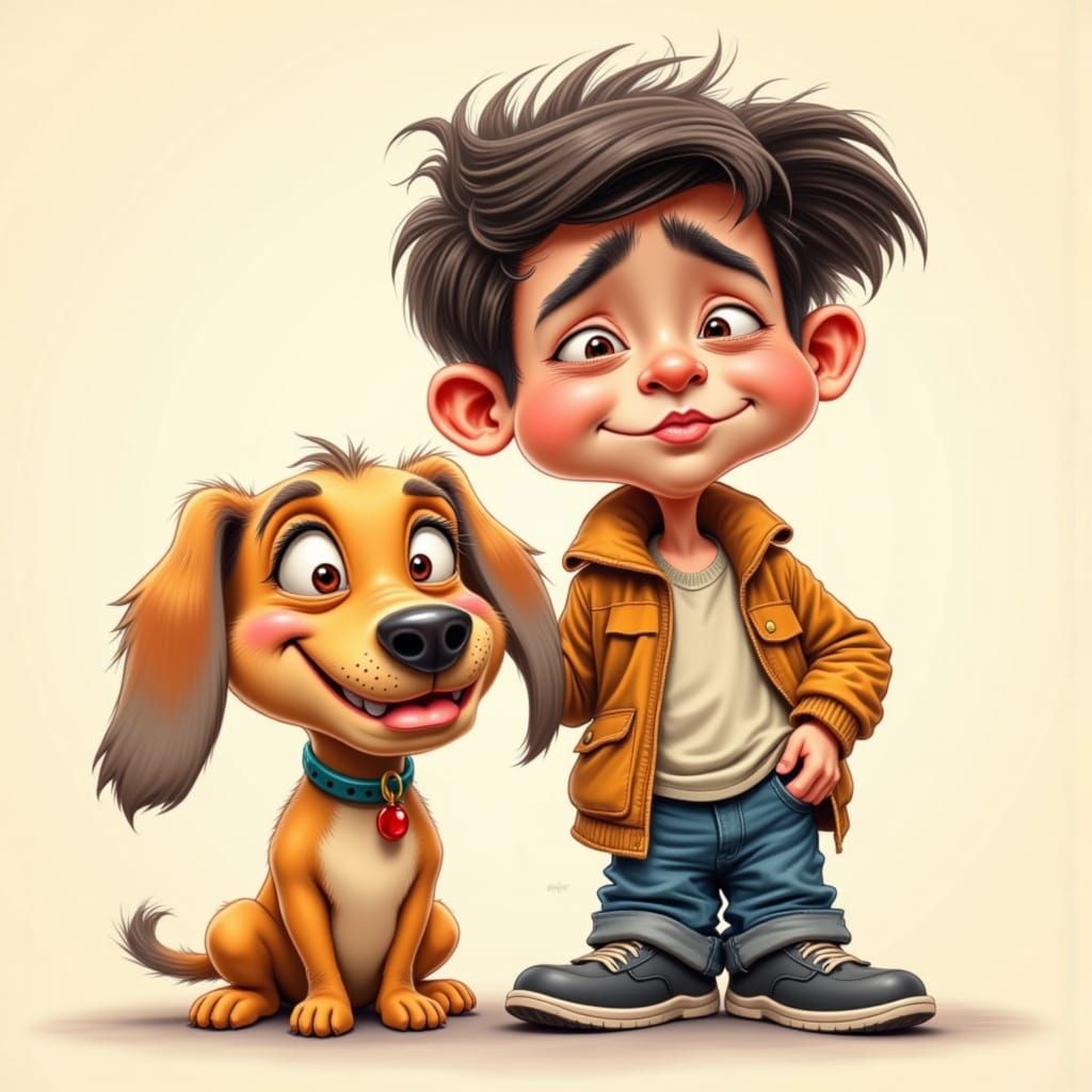 Whimsical Caricature of a Boy and His Dog