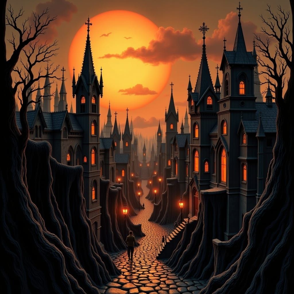 Eerie Halloween Town Portrait in Cinematic Style