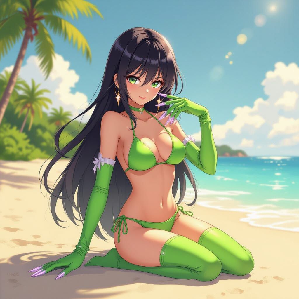 Anime Girl With Silver Nails on Tropical Beach