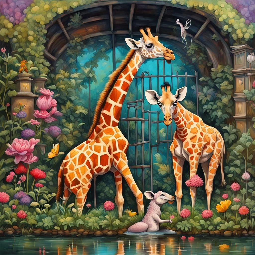 Giraffe and Mouse Hug in Steampunk Fairy Garden