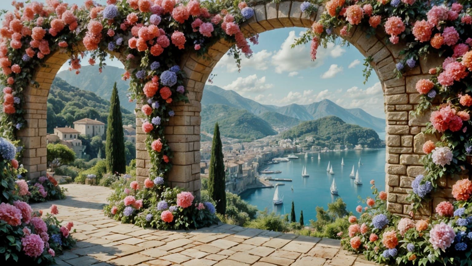 Mediterranean Coastline View Through Stone Archway
