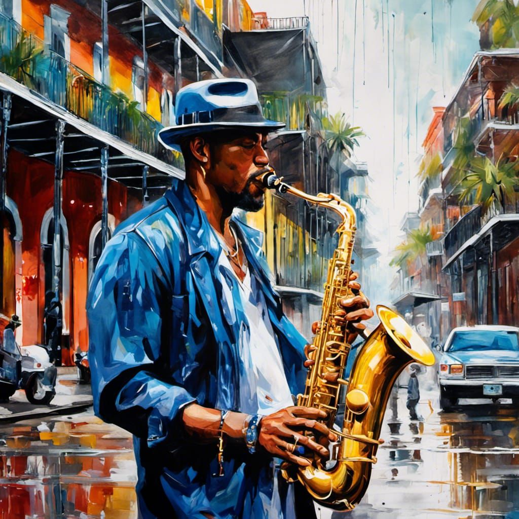 Saxophone Player in New Orleans, Impasto Gouache Style