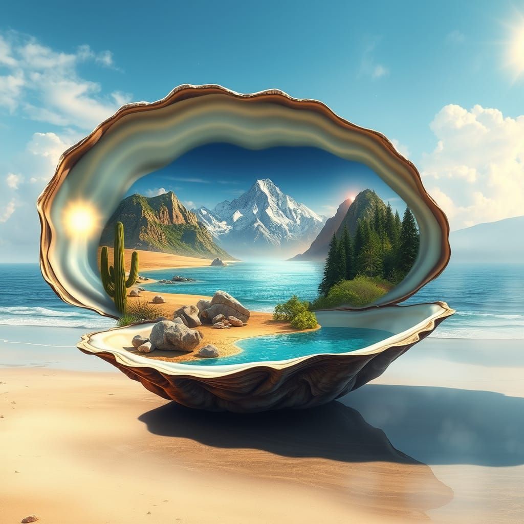 Ethereal Oyster Shell Panorama Unfolds on Sunlit Beach