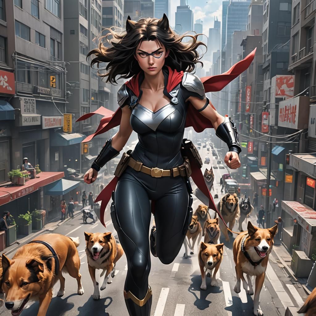 Collie Woman Superhero Fighting Crime in Anime Style