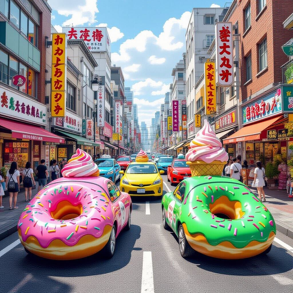 Cars Shaped Like Food in Bustling City Street