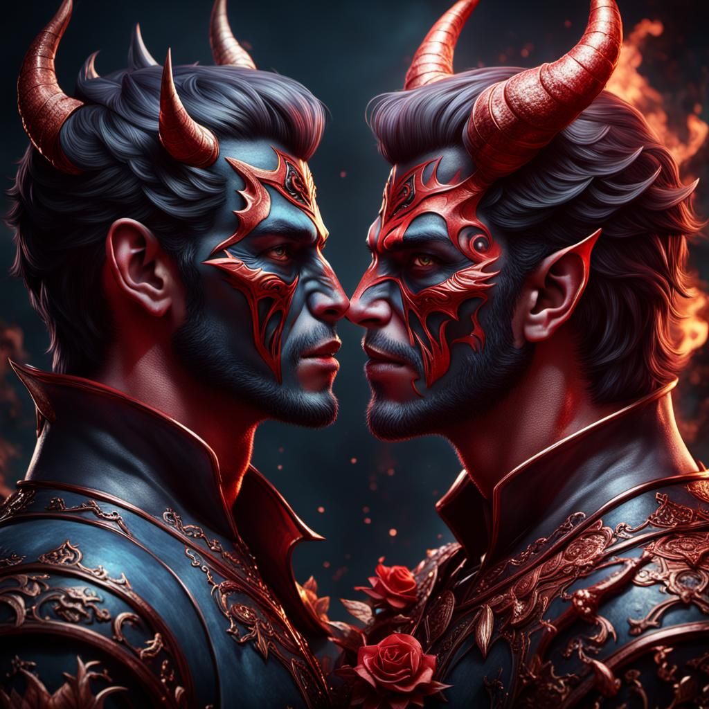Two Handsome Devils Kissing, Detailed Digital Painting