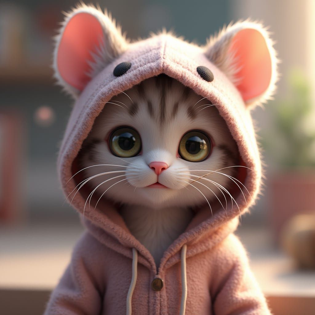 Kitten in Anime-Inspired Mouse Hoodie Art