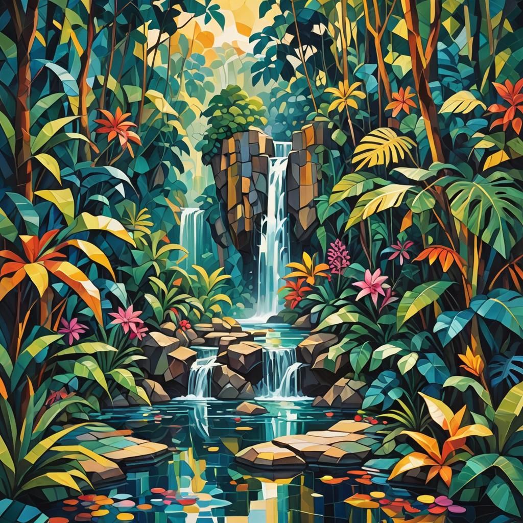 Cubist Waterfall in Tropical Jungle: Geometric Fauvism