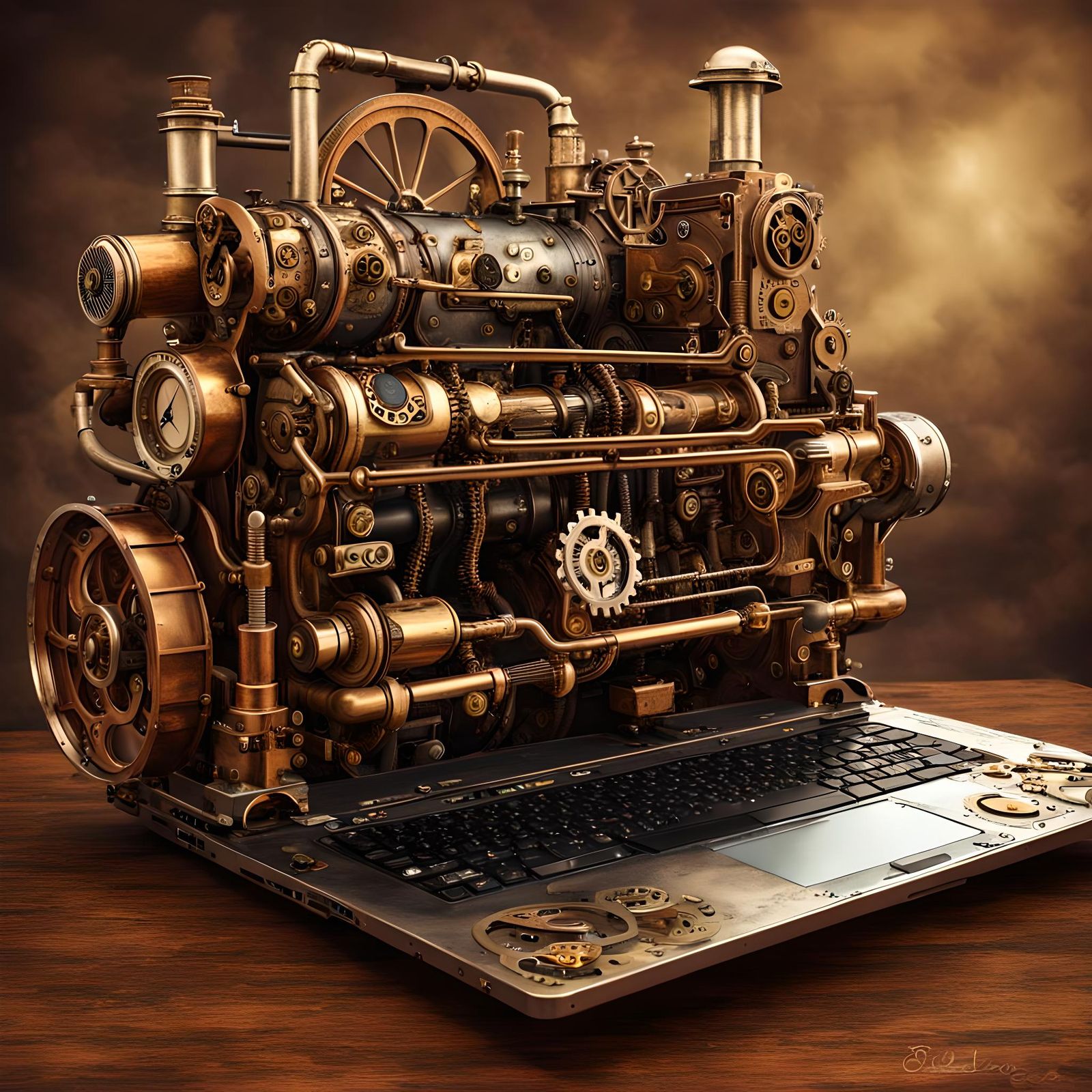 Steampunk Engine Integrated into Laptop