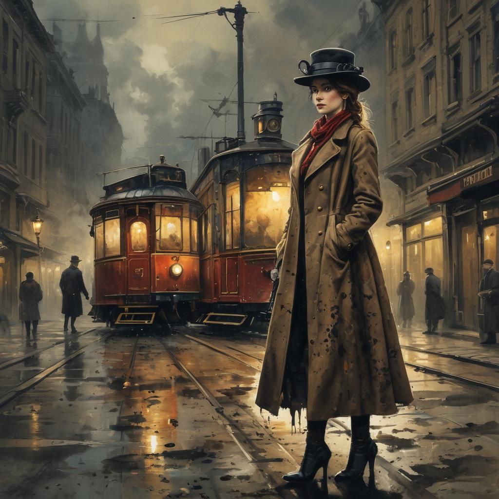 Steampunk Tram Scene in European Ink Painting Style