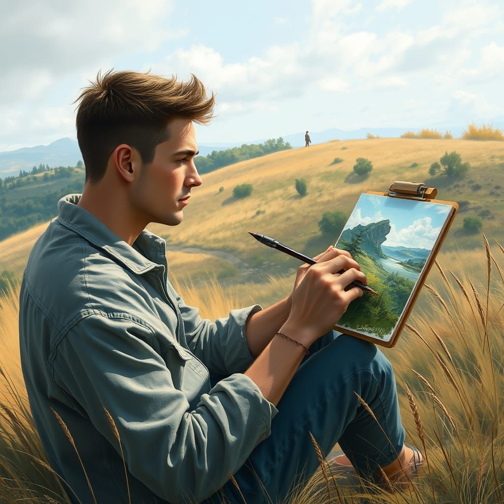 Man Painting on Windy Hill in Realistic Style