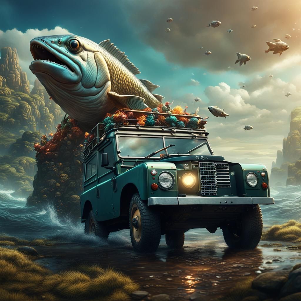 Fish Rides Land Rover: Detailed Fantasy Concept Art