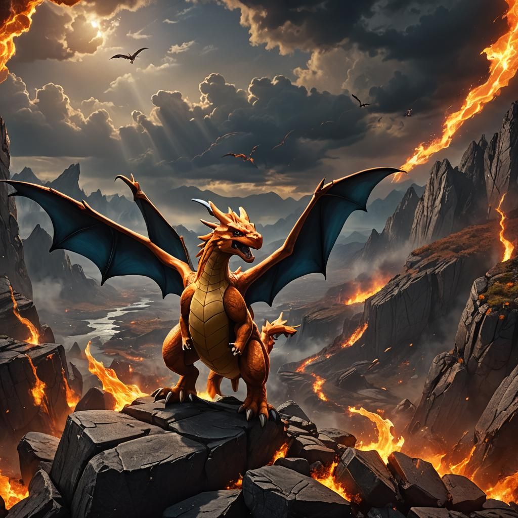 Charizard on Rocky Cliff in Cinematic Style