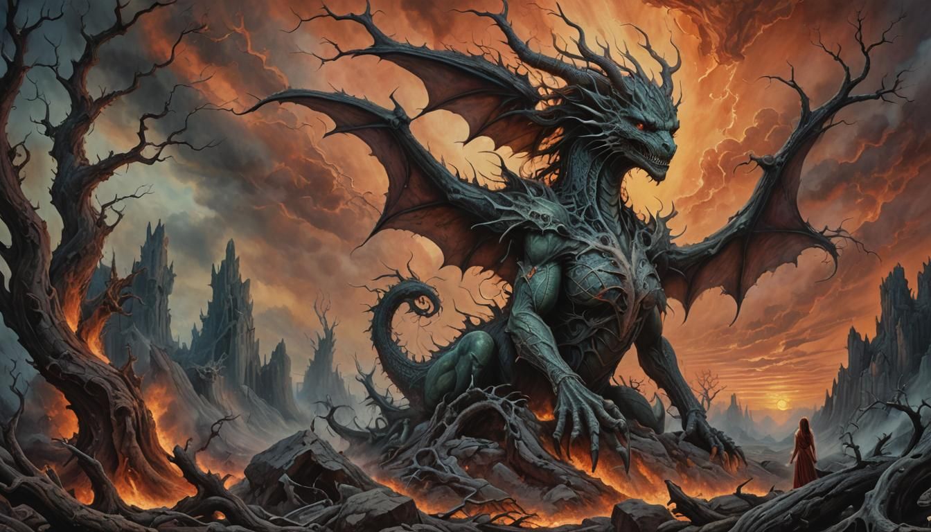 Mystical Dragon-Woman in Surreal Wasteland Landscape