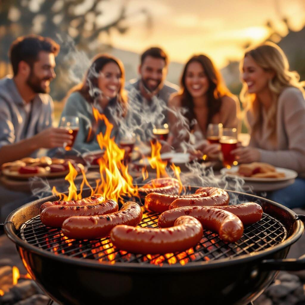 Friends Enjoying Grilled Sausages in Warm, Inviting Atmosphe...