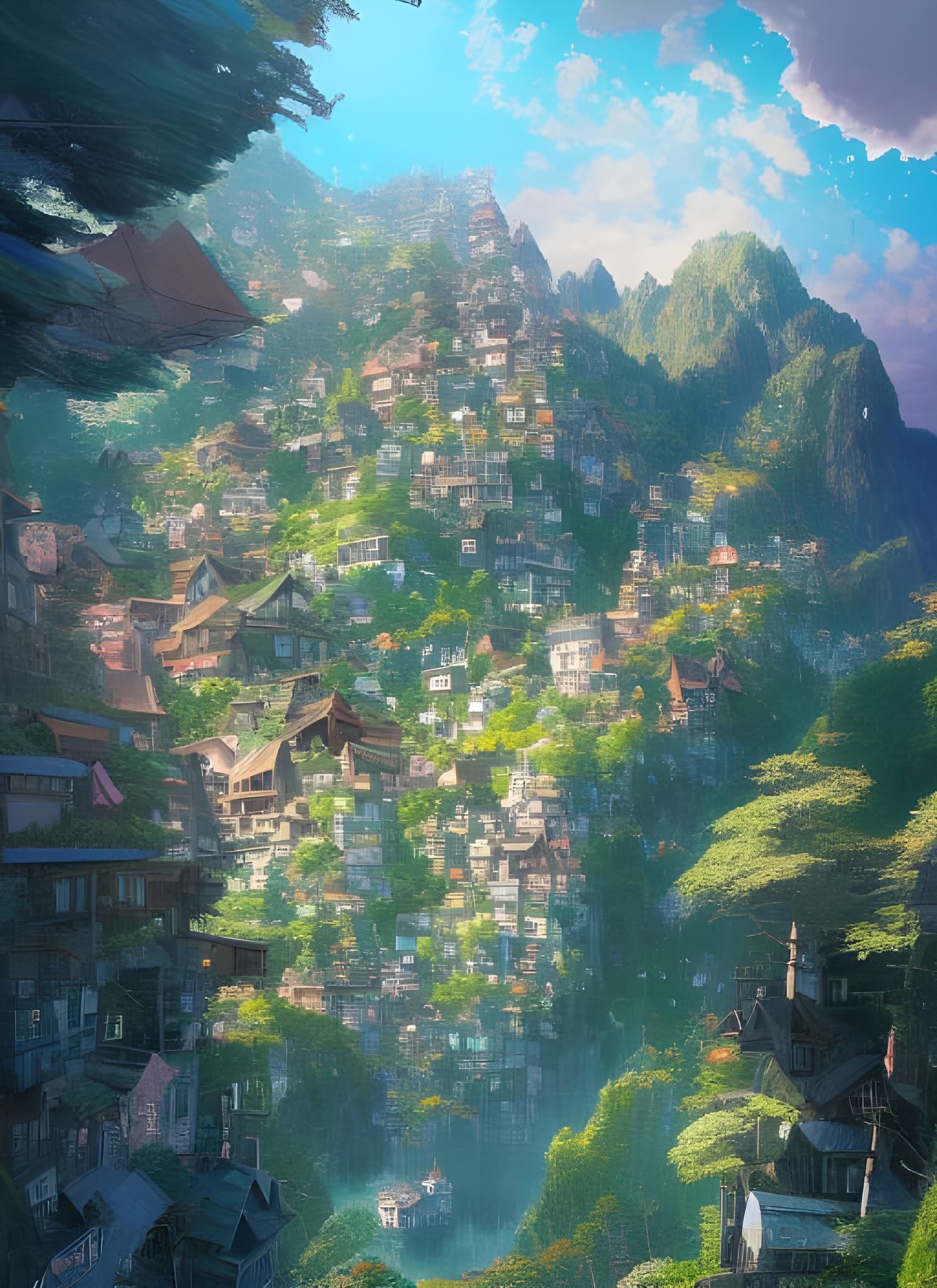 Mountain Village Digital Illustration in Vibrant Colors