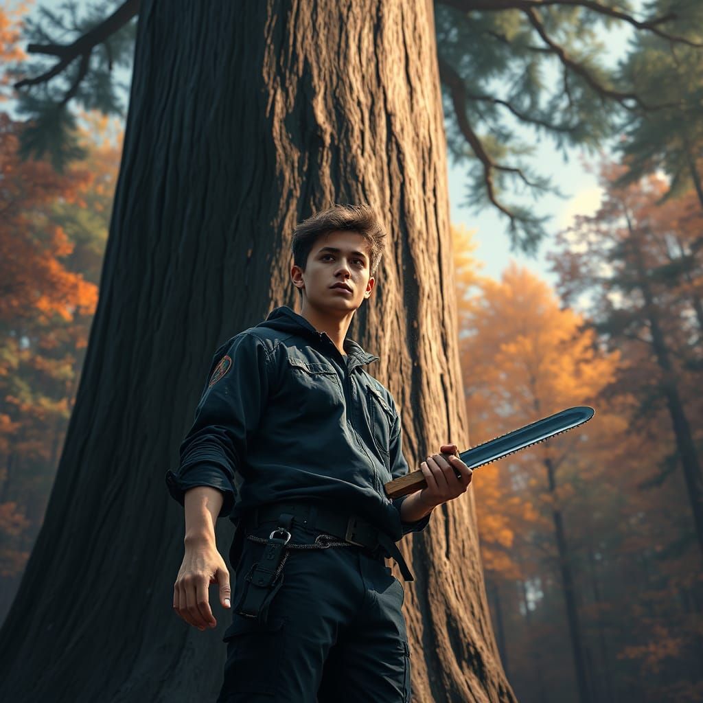 Young Man with Tree Cutter in Hyperrealistic Style