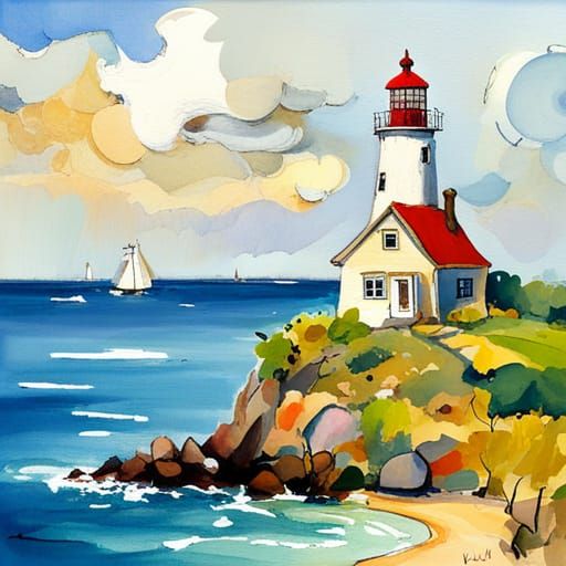 Island Lighthouse in Gouache Watercolor Style