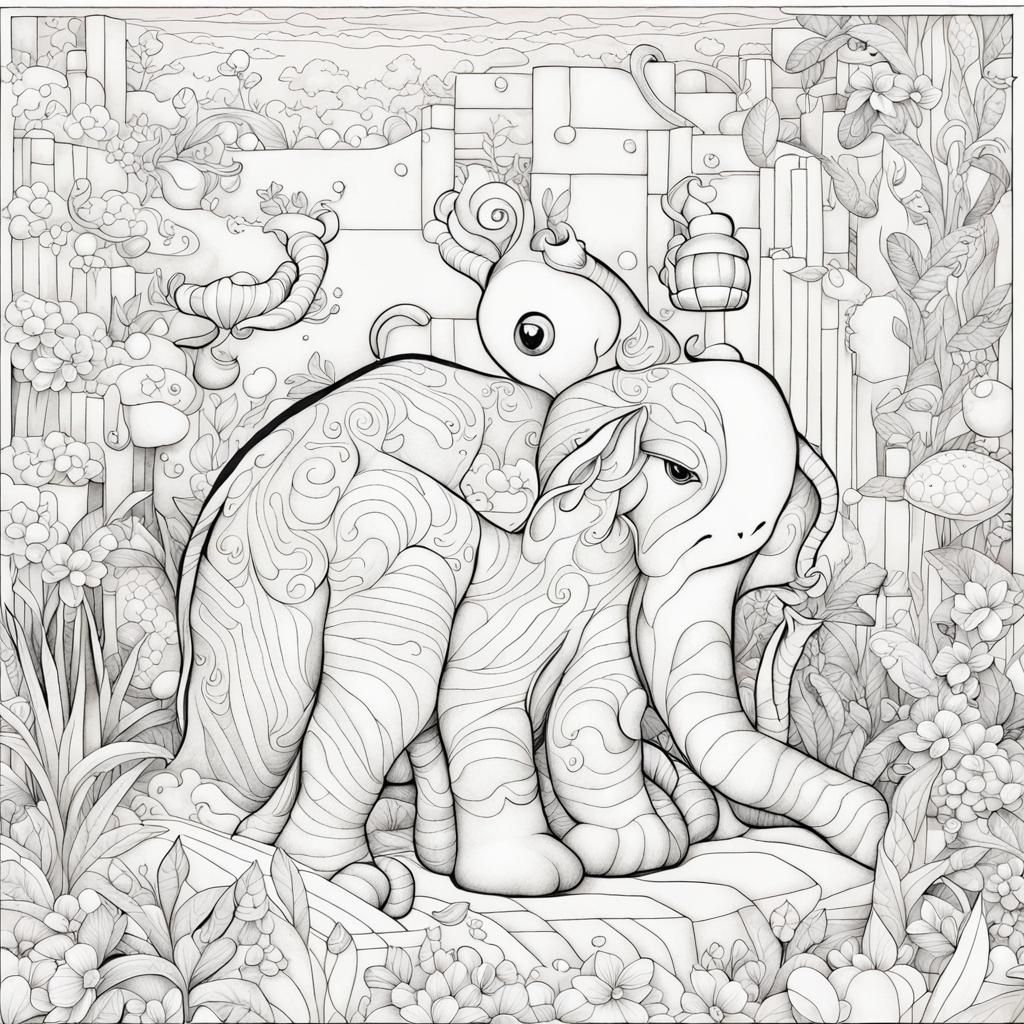 Detailed Coloring Book Page with Cute Animals