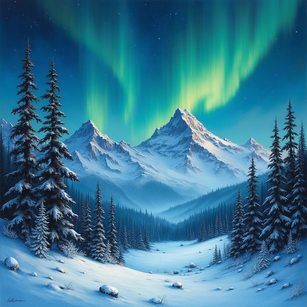 Whimsical Aurora Landscape in Oil Painting Style