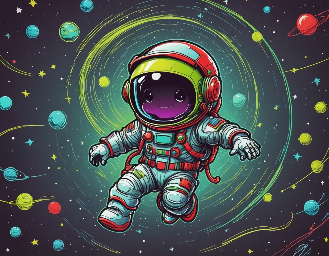Ultra cute Chibi leaping spaceman with extra huge space helm...
